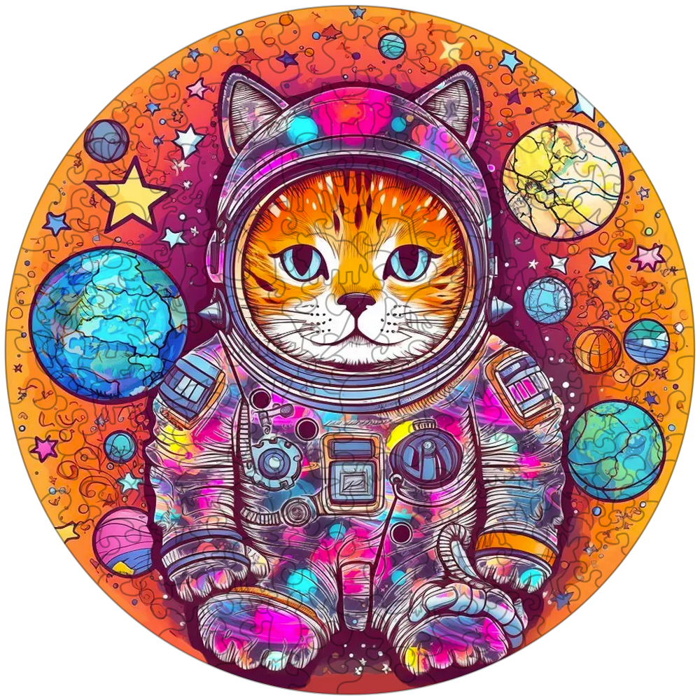 Divertido rompecabezas de madera con gato astronauta