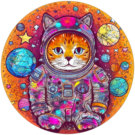 Divertido rompecabezas de madera con gato astronauta